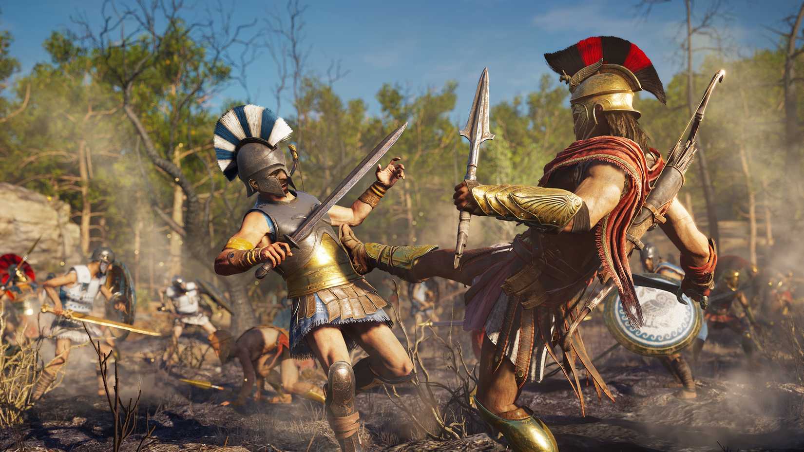 En soldat utför en "300 Kick" i Assassin's Creed Odyssey.