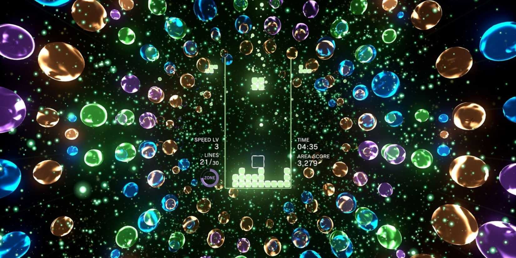 Colorful bubbles spring towards the Tetris board in Tetris Effect. 