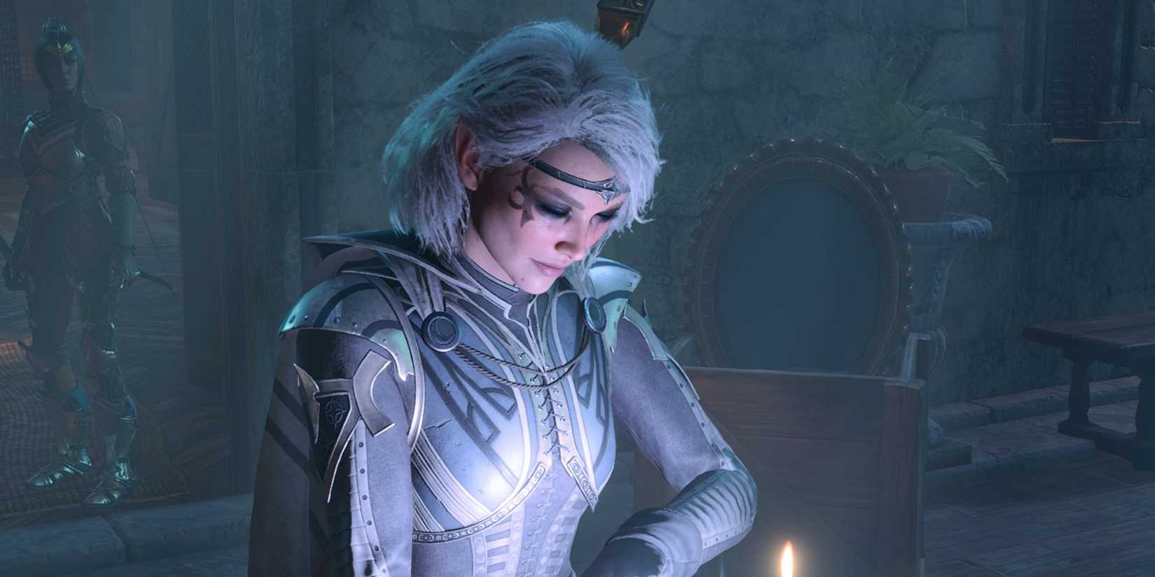 In Baldur's Gate 3, light rises from Isobel's hands on the balcony of the Last Light Inn, where she performs a ritual to maintain a ward of light.