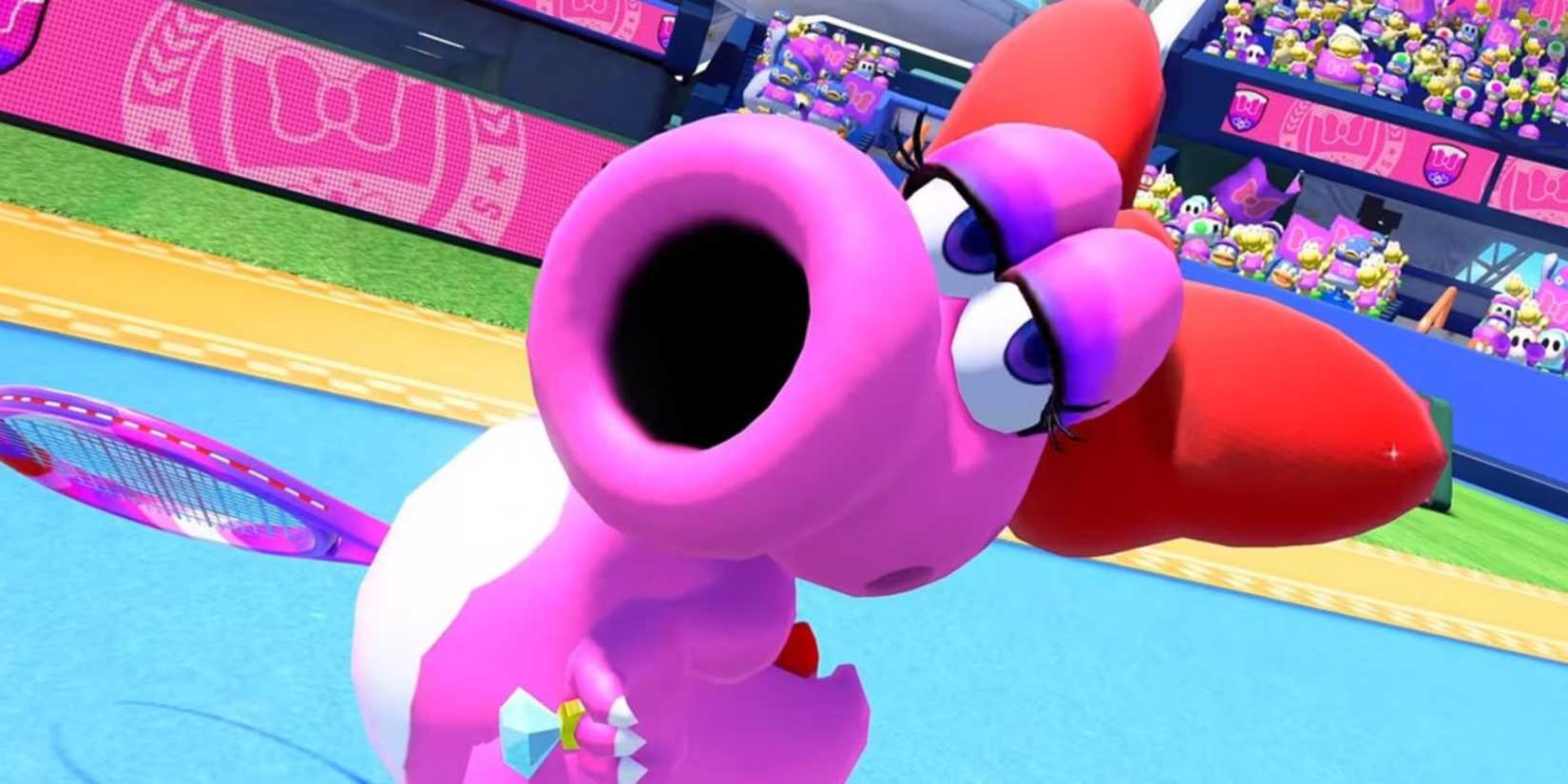 Nintendo's Birdo looking at the camera in Mario Tennis.