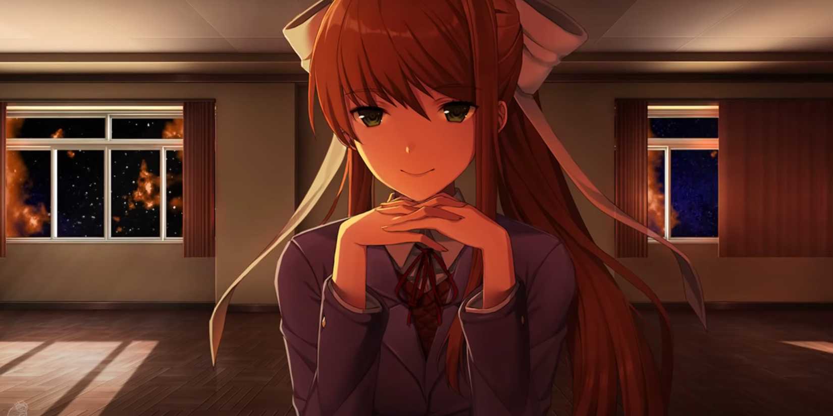 Monika from Doki Doki Literature Club staring directly into the camera.