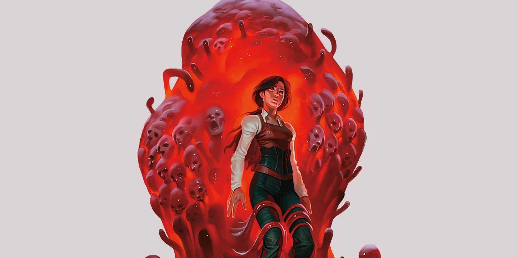 A woman stands in front of a red ooze that contains multiple faces, from Dungeons & Dragons (DND).