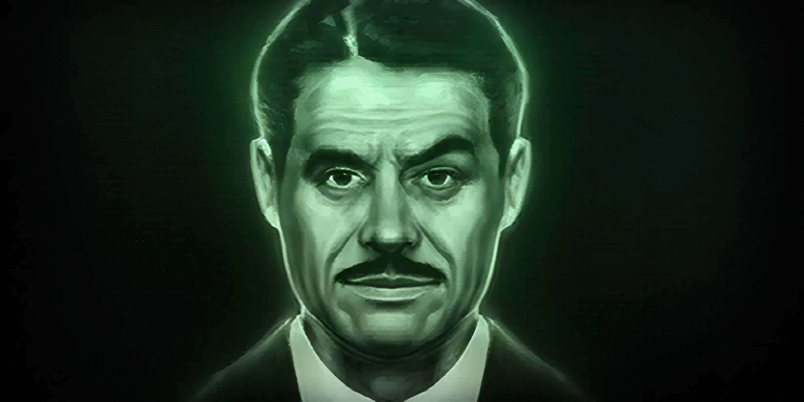 A moustached figure on a green screen staring ahead in Fallout New Vegas.