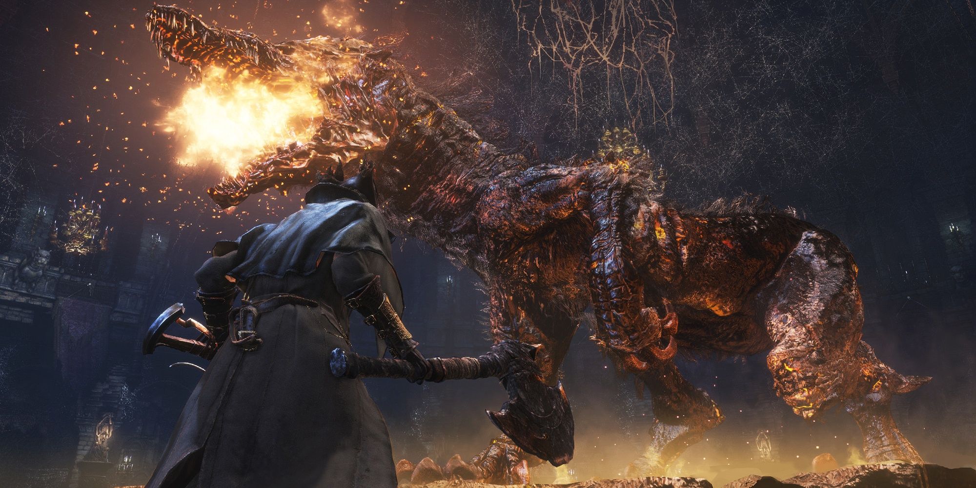 The player engaged in a boss battle in Bloodborne with Twisted Flame Spewing Beasts.