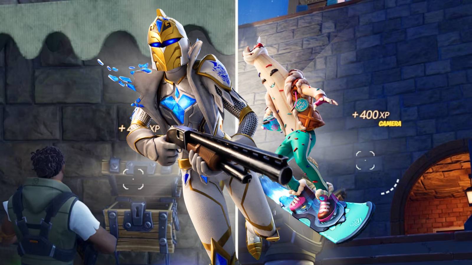 Fortnite collage image featuring two players superimposed over a split ...