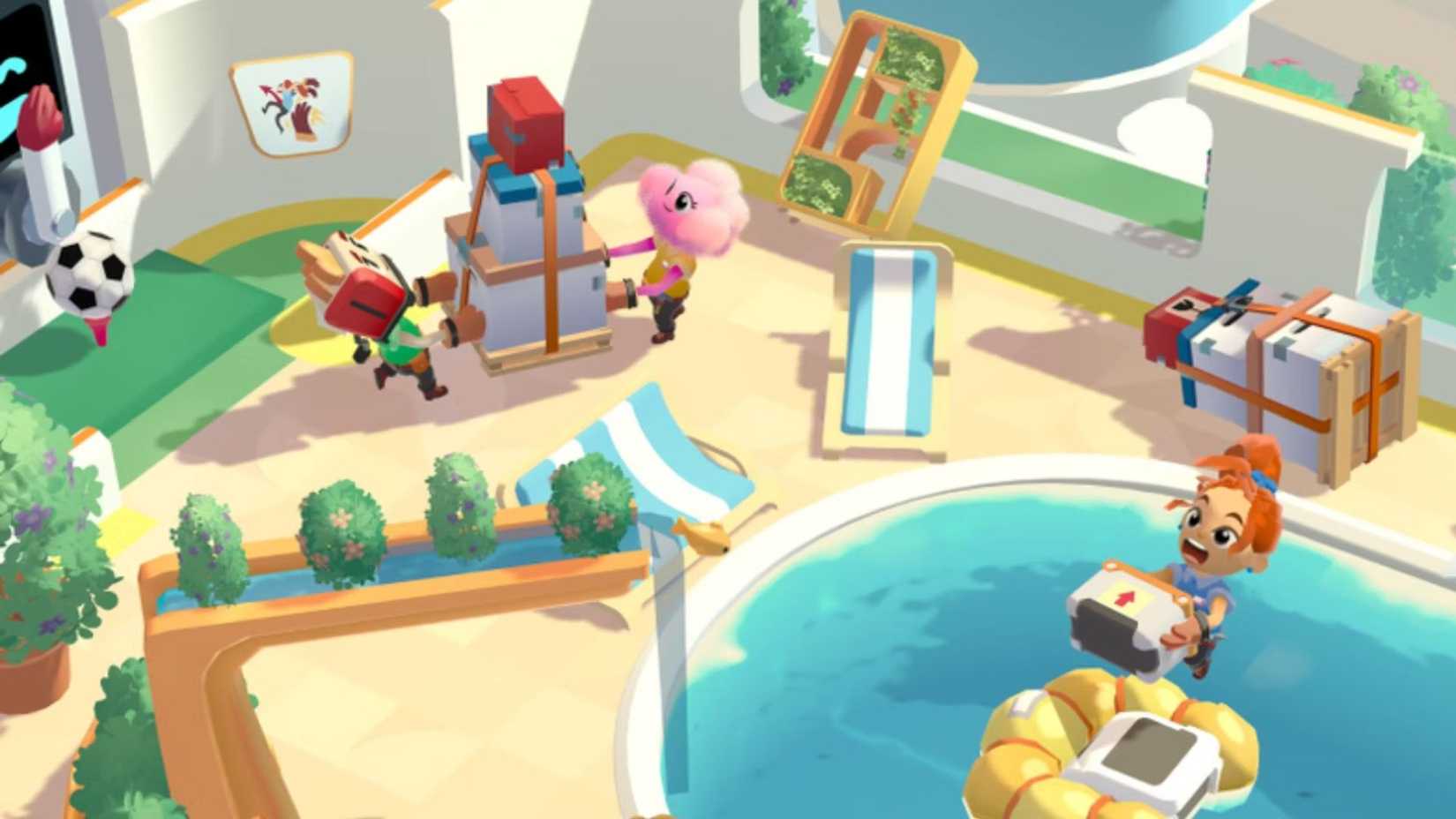 A screenshot of three players progressing through a level in Moving Out 2.