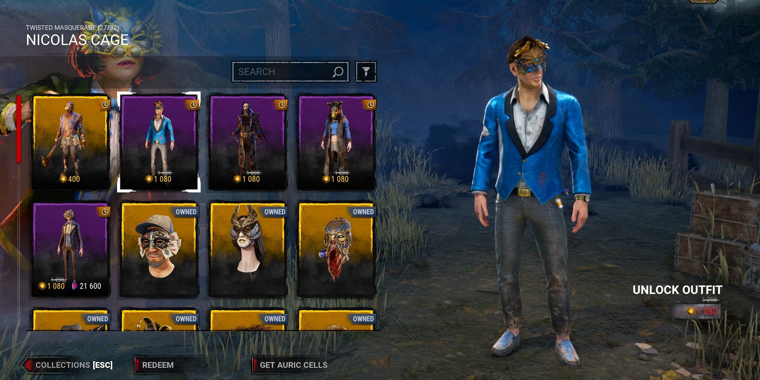 Nic Cage in a blue suit and in a gold and blue mask, in the item shop, in Dead by Daylight