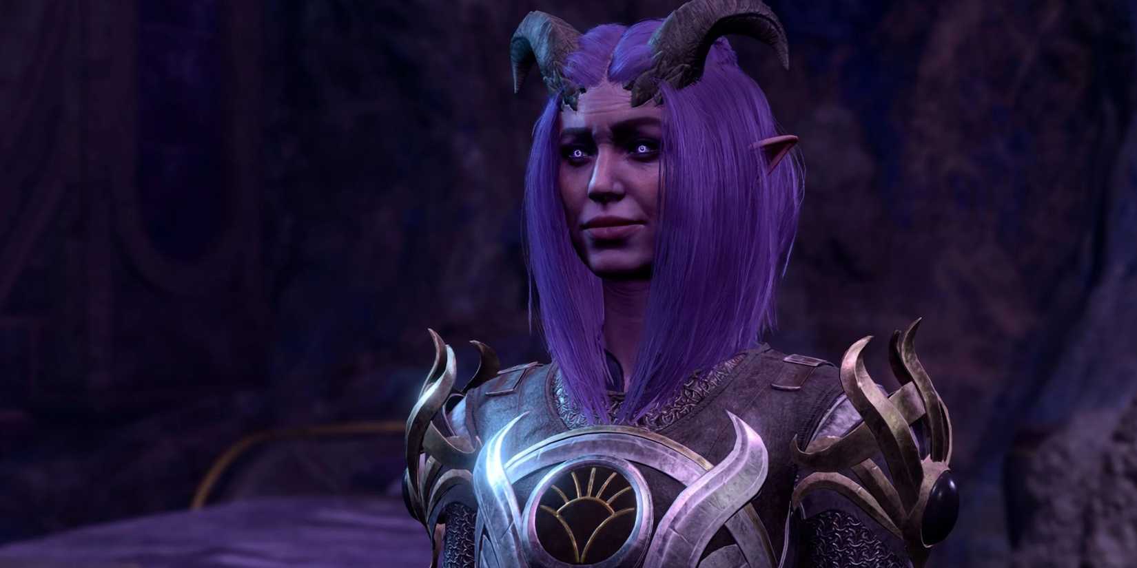 Purple haired Tiefling, Nocturne, from Baldur's Gate 3. 