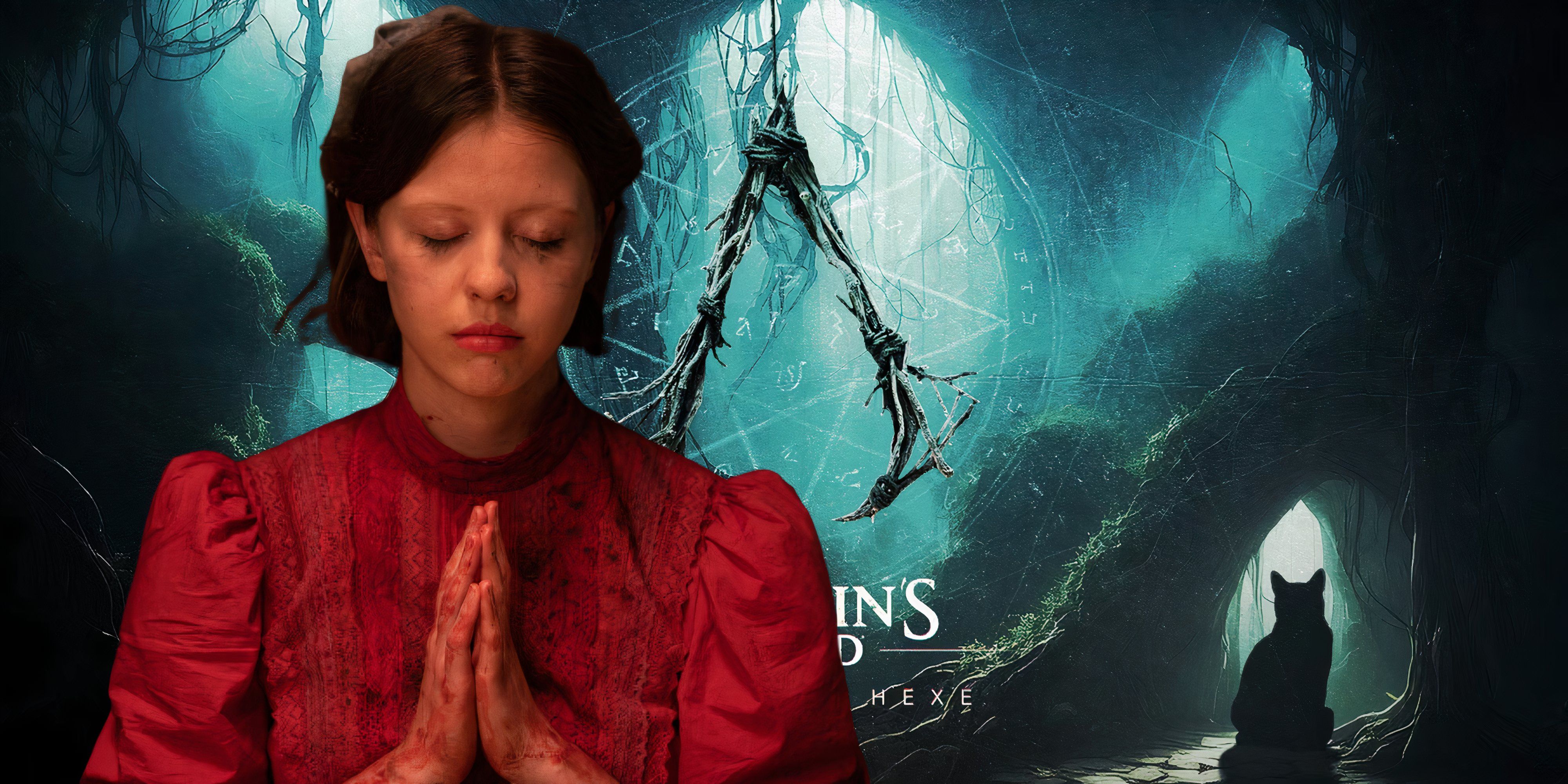 Pearl movie character praying in front of AC Hexe logo