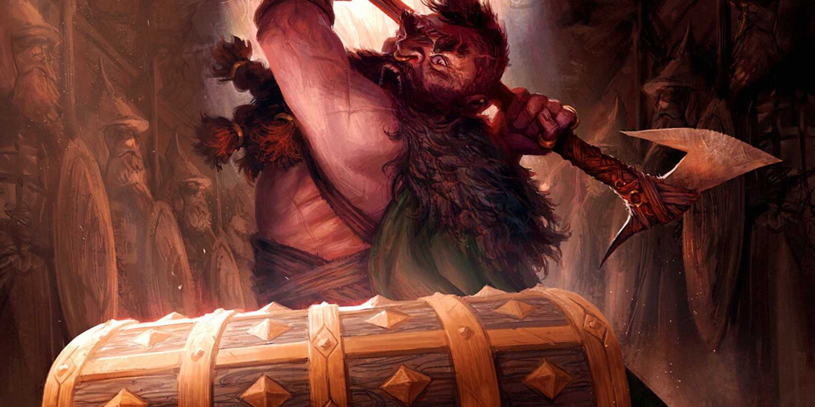 A barbarian breaks open a chest with his axe in DnD art.