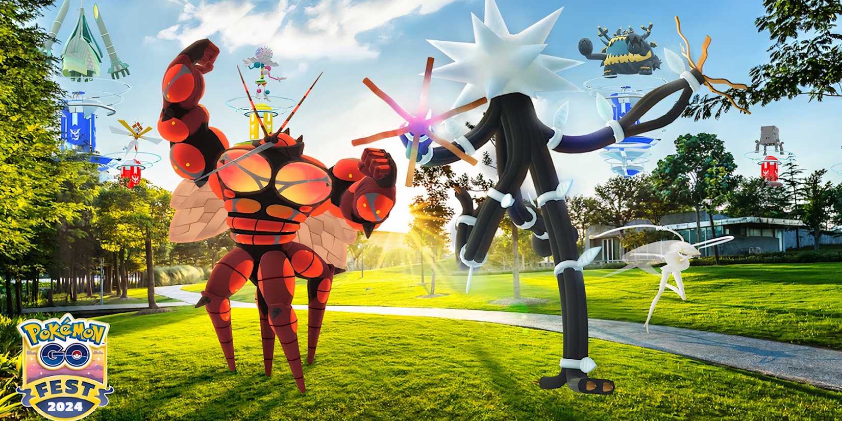 Picture of Buzzwole, Xurkitree and Pheromosa in a park with Pokemon Go Raids behind