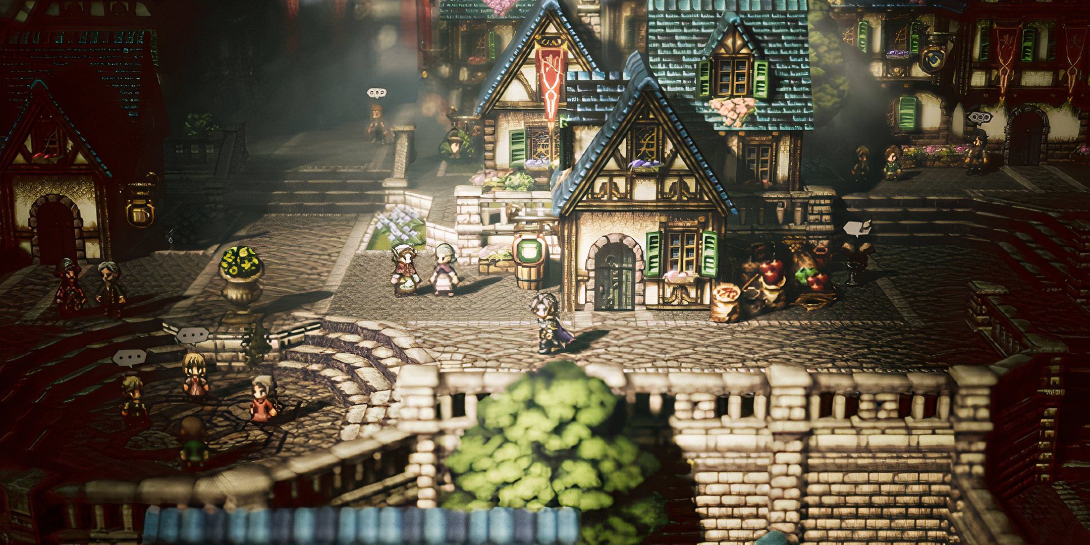 Characters standing in Octopath Traveler town.