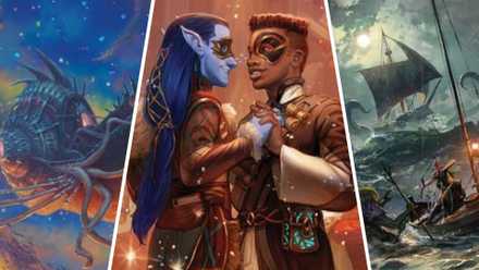 Split images of D&D art - alien spaceship, couple dancing, ship on the sea