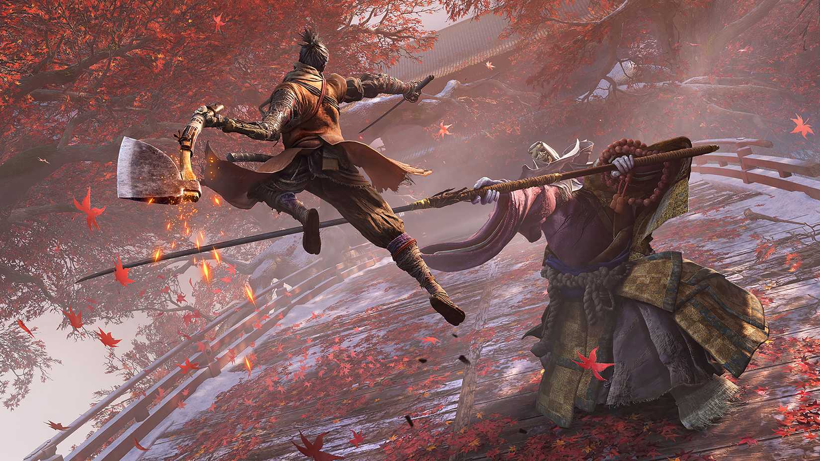 Sekiro- Priest Boss fight at Cherry Blossom Bridge.