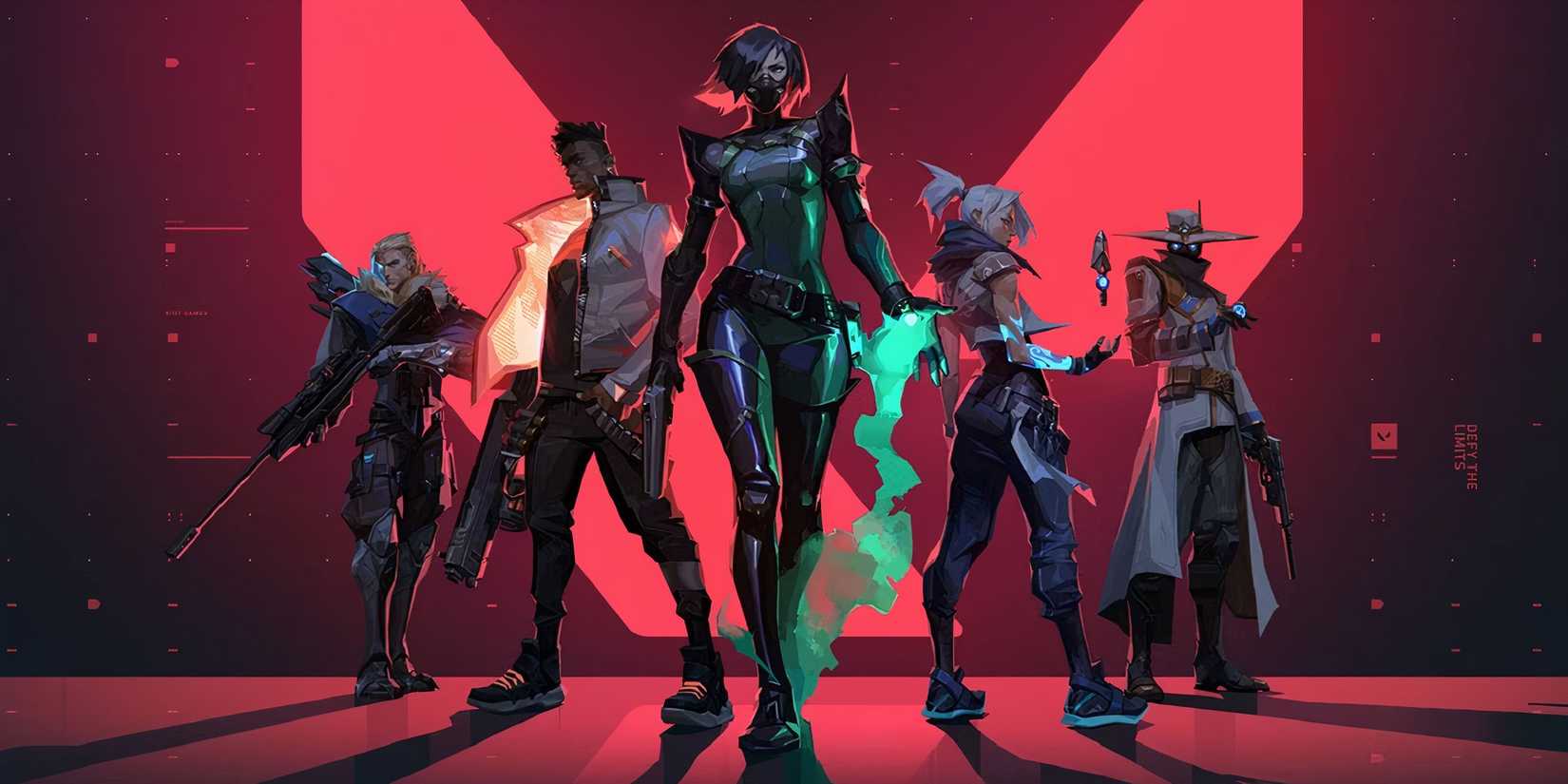 Viper, Jett, Cypher, Sova, and Phoenix stand together in a red room in Valorant, with the game's logo behind them.