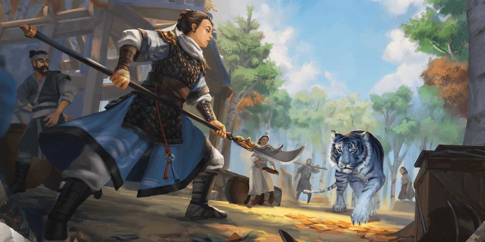 A Warrior with a Glaive Faces Off Against A Tiger in a Village.