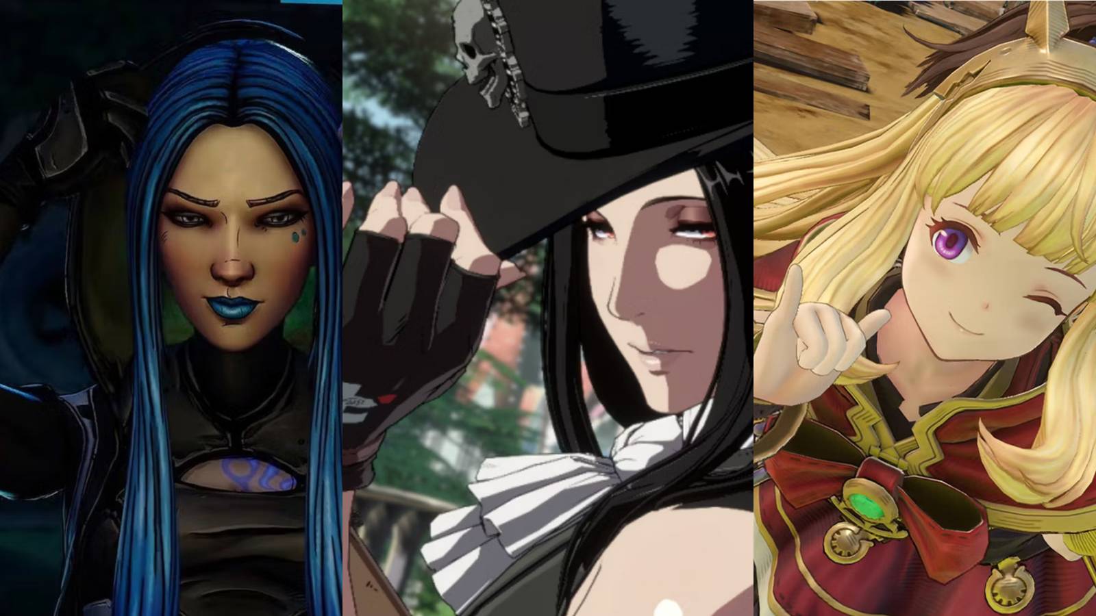 Left to right: Maya in Borderlands 3, Testament in Guilty Gear Strive, and Cagliostro in Granblue Versus