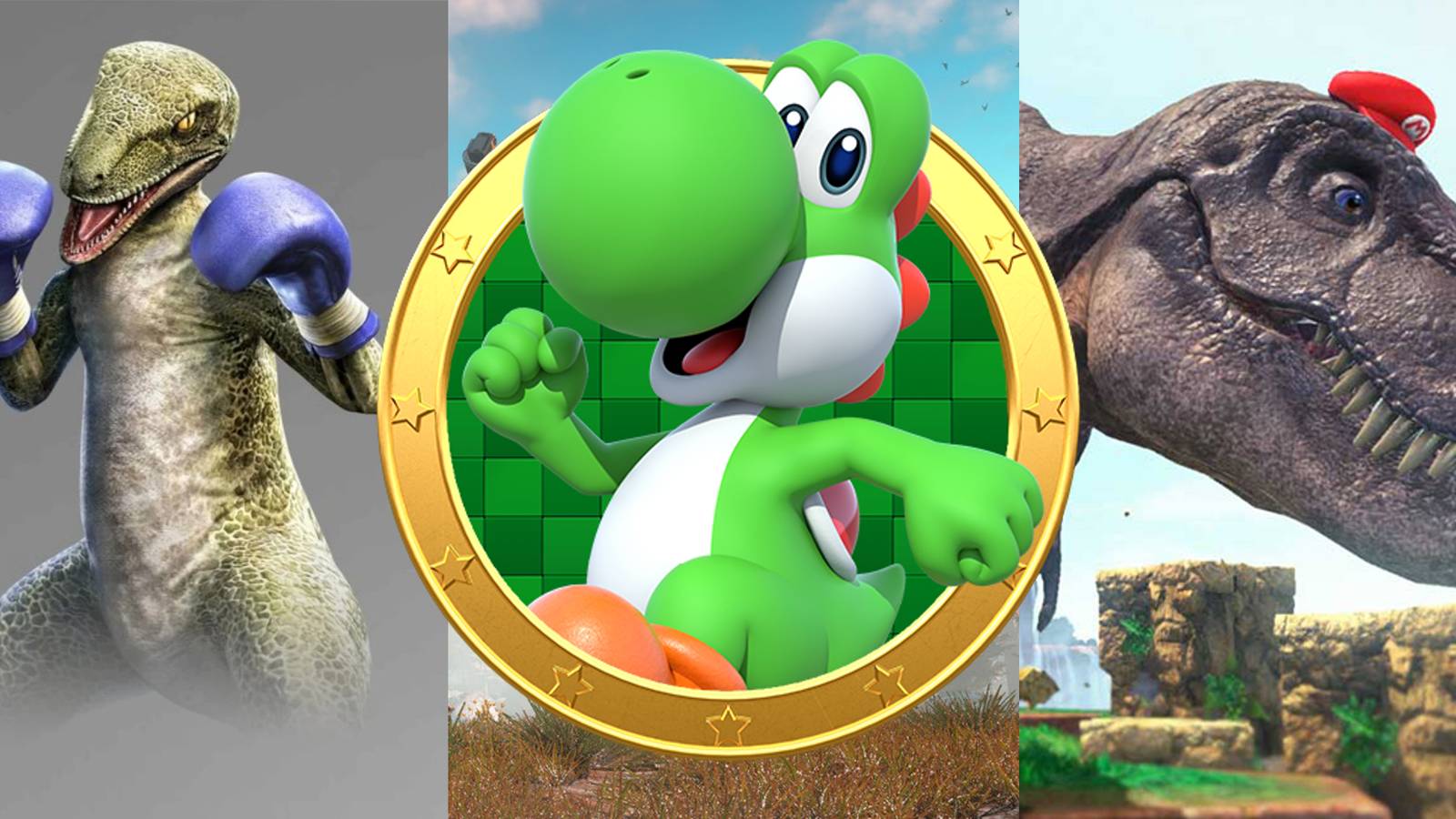 A split image featuring a raptor with boxing gloves on the left, Yoshi in front of an image of Horizon Zero Dawn in the center, and the T-Rex from Super Mario Odyssey on the right.