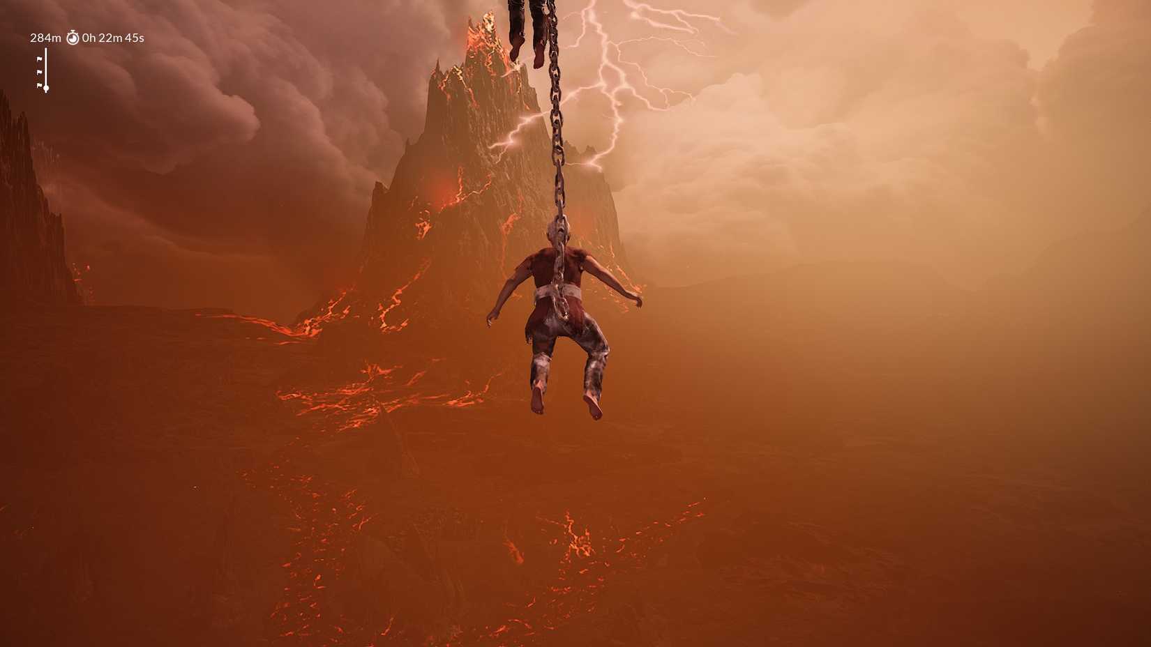 Linked together: one climber hanging from chains below.