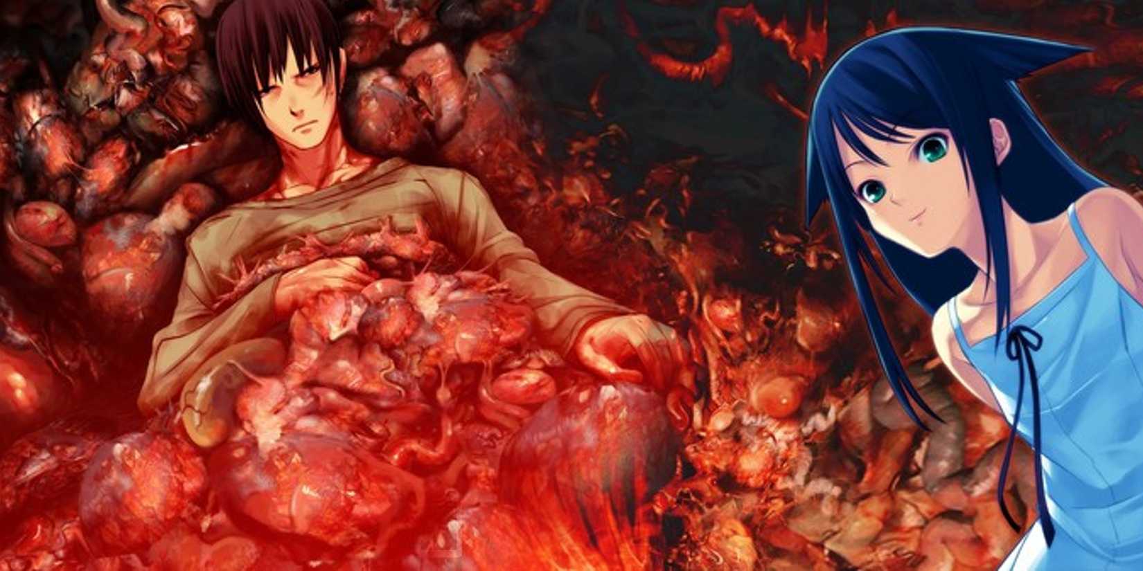 A man holds on to a file of pulsing flesh, surrounded by a similarly fleshy texture. To the right, an anime style girl with green eyes, long black hair, and pale skin wearing a white dress is smiling smugly at the camera.