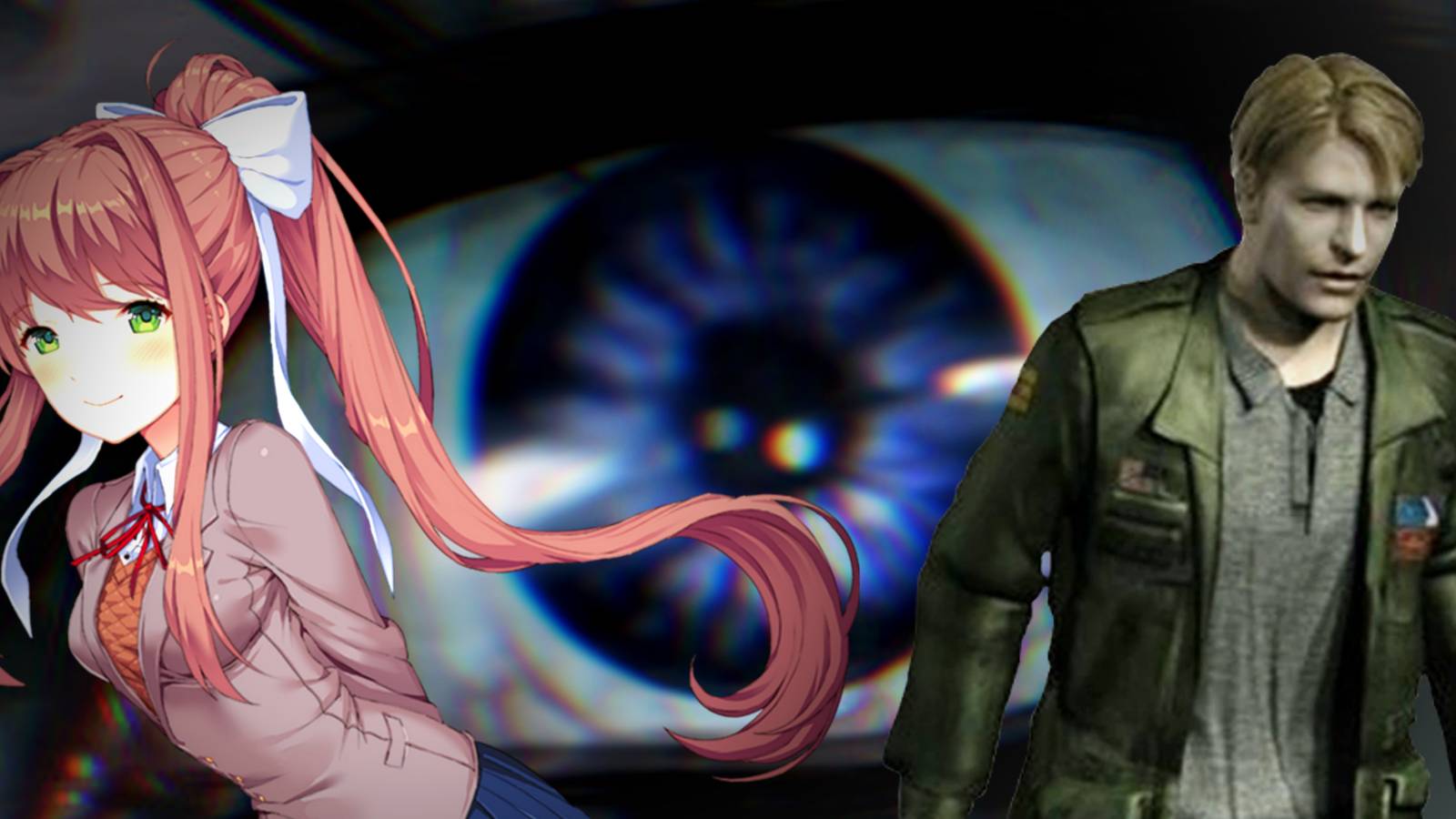 Monika from Doki Doki Literature Club and James Sunderland from Silent Hill 2 are seen in front of a large, panicked eye.