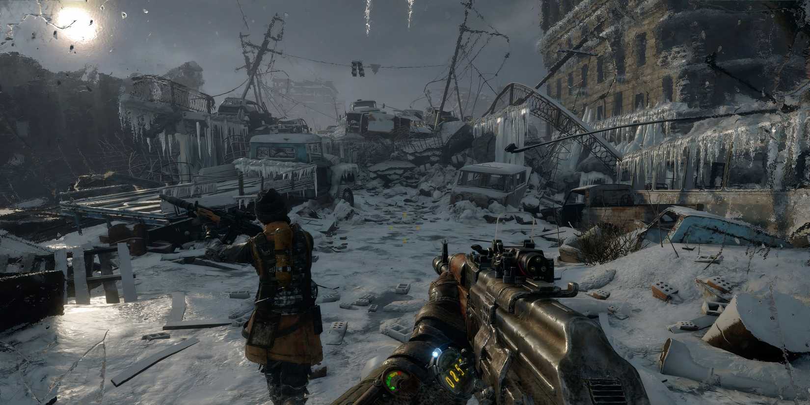 Holding an AK while exploring Dead City in Metro Exodus