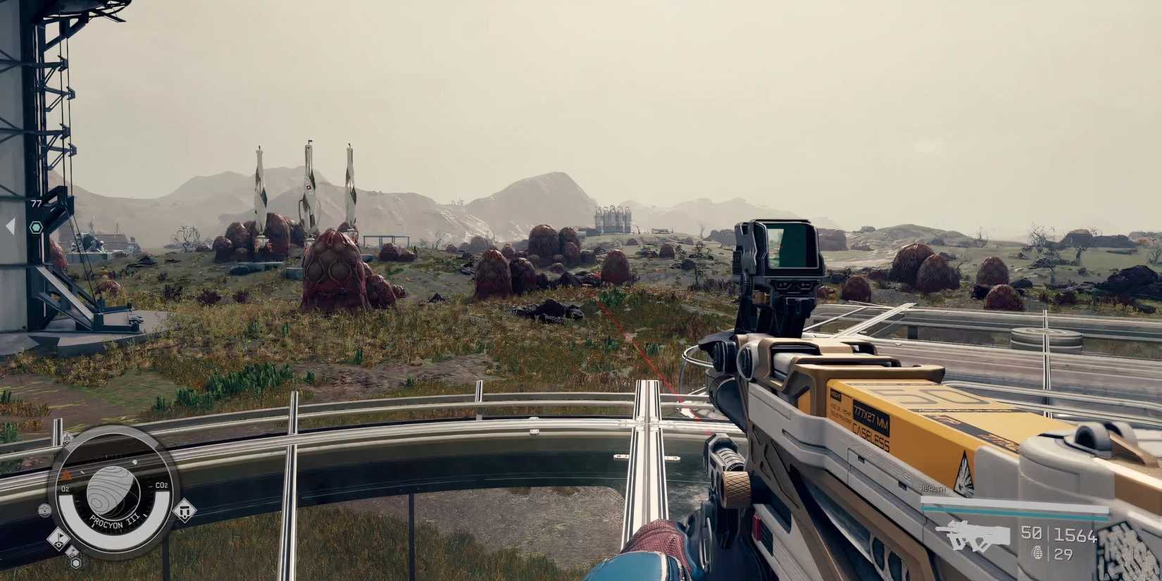 Holding a weapon on a random Planet with the player's outpost in FPS view