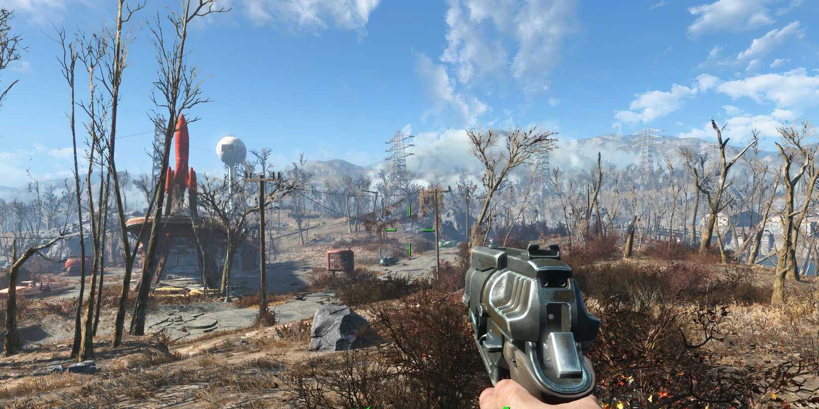Exploring the wasteland with the Red Rocket in the distance in Fallout 4.
