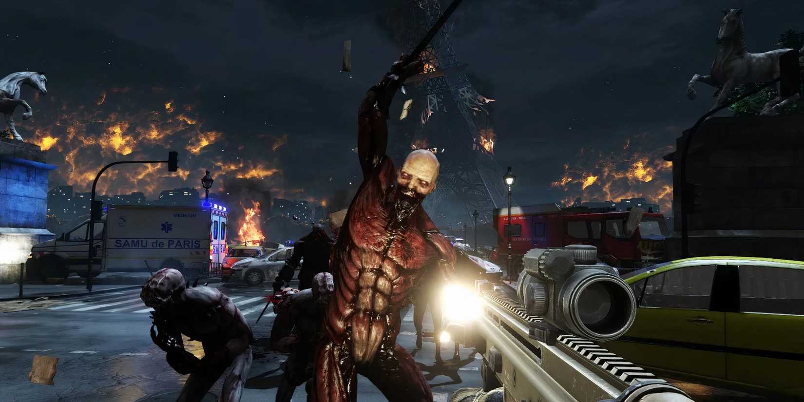 Shooting a bearded Zed with an assault rifle in the city in Killing Floor 2.