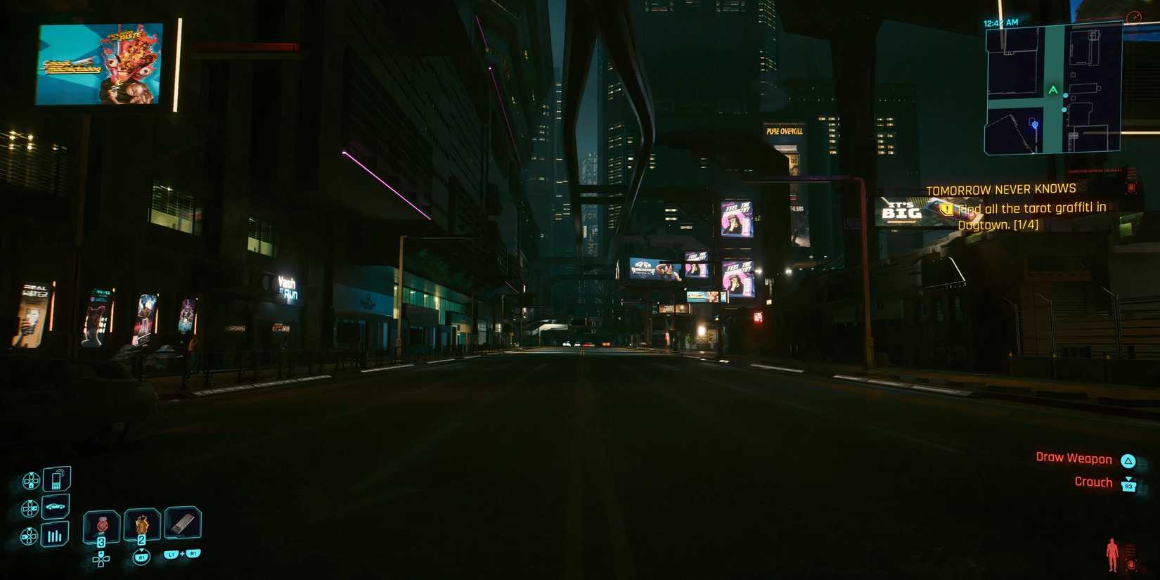 cyberpunk 2077's night city displaying neon signs, however streetlights are turned off with a newly discovered button