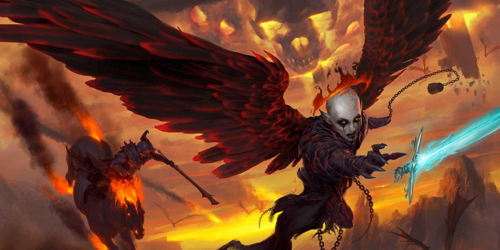 Dungeons & Dragons image showing Zariel and her devils fighting demons in Avernus.