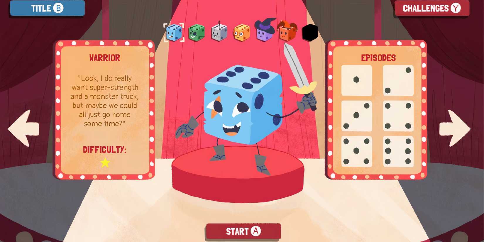 Character selection screen in Dicey Dungeons.