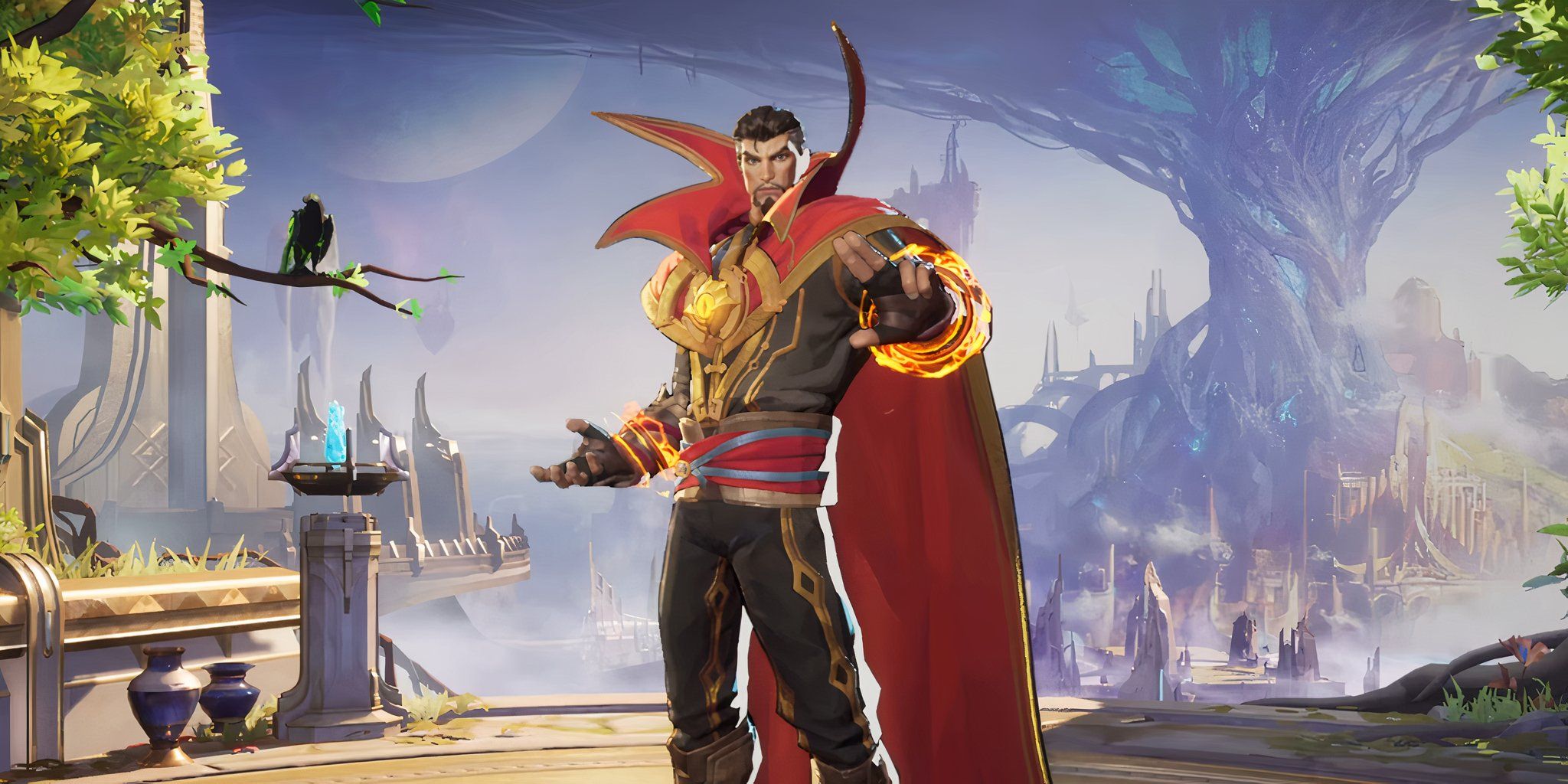 دکتر استرنج در Marvel Rivals در مقابل پس‌زمینه شهری آینده‌نگر.