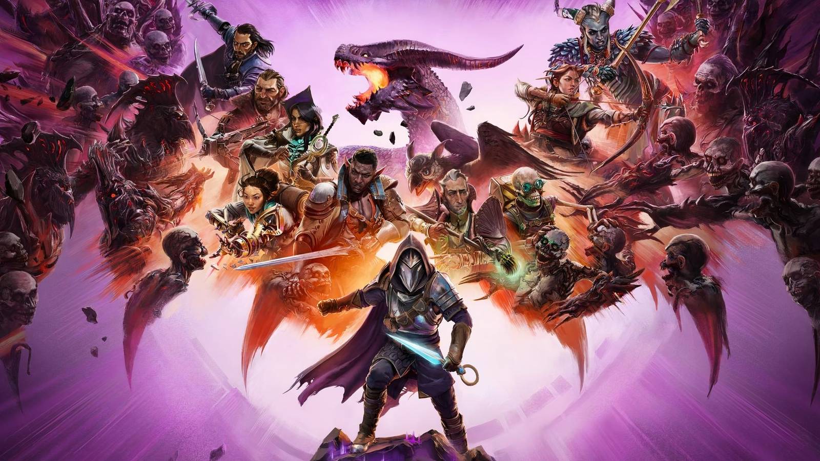 Dragon Age: The Veilguard key art showing all of the companions fending off monsters in front of a purple background