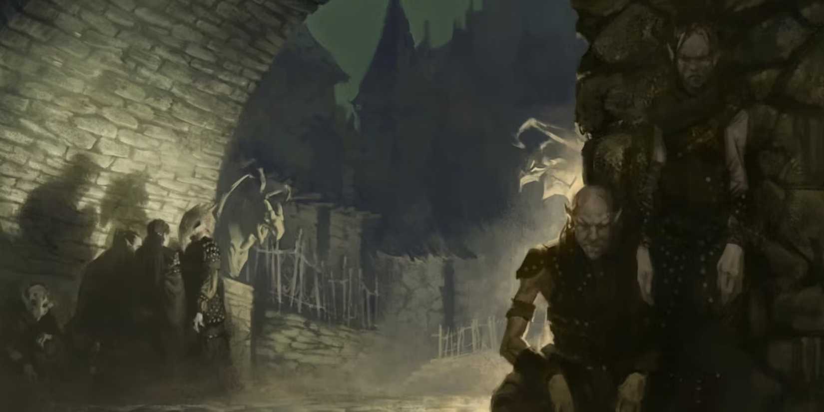 Shadar-kai crouches, staring at the viewer. A dilapidated castle looms behind them, shrouded in shadow.