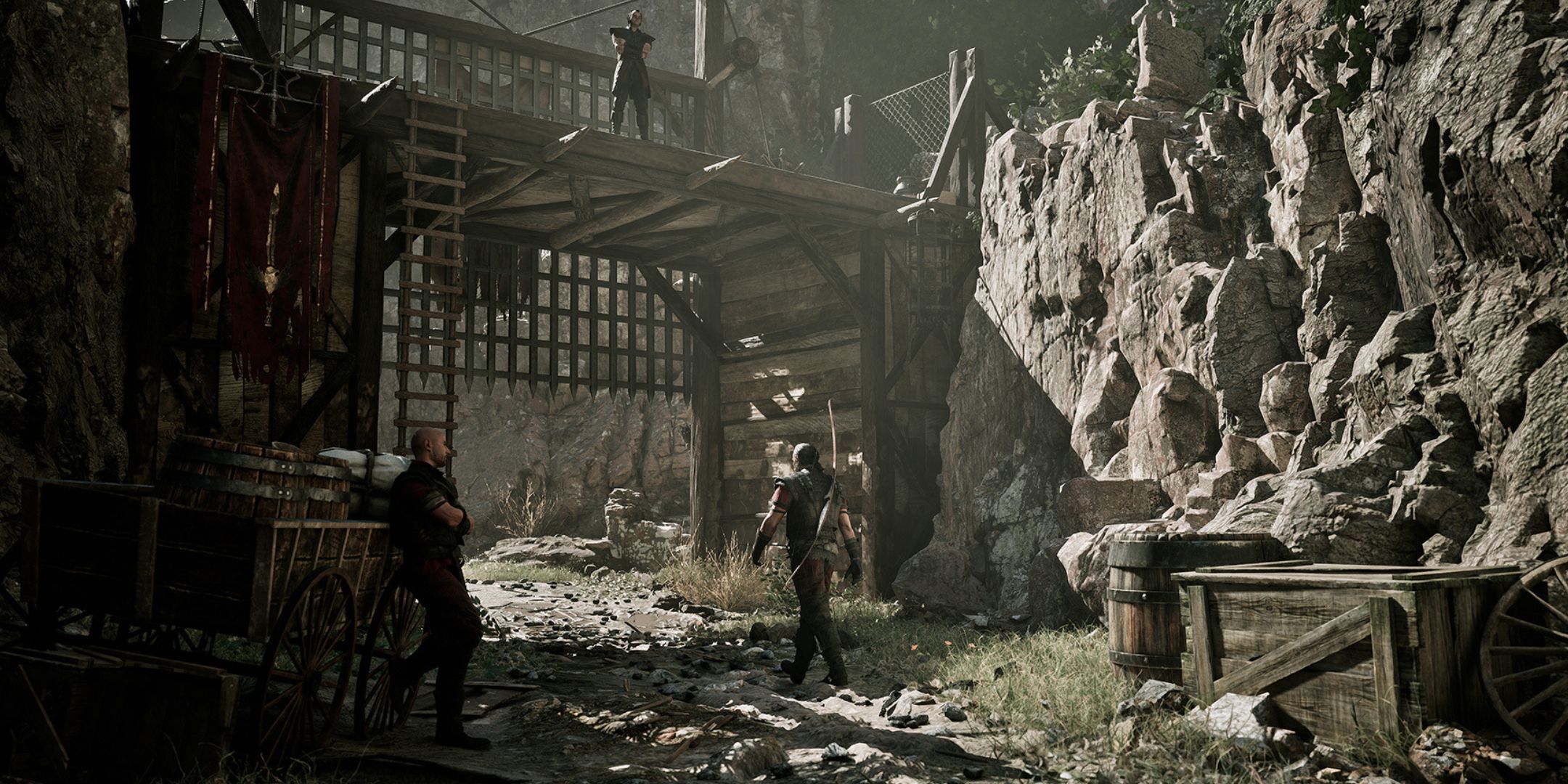 A screenshot of Gothic 1 Remake, showing a run down wooden structure in a muddy terrain, with a man watched by two people.