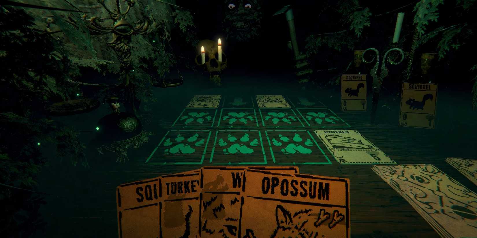 A first person view of a deck of cards and a board with Leshy on the other side of the table from Inscryption.