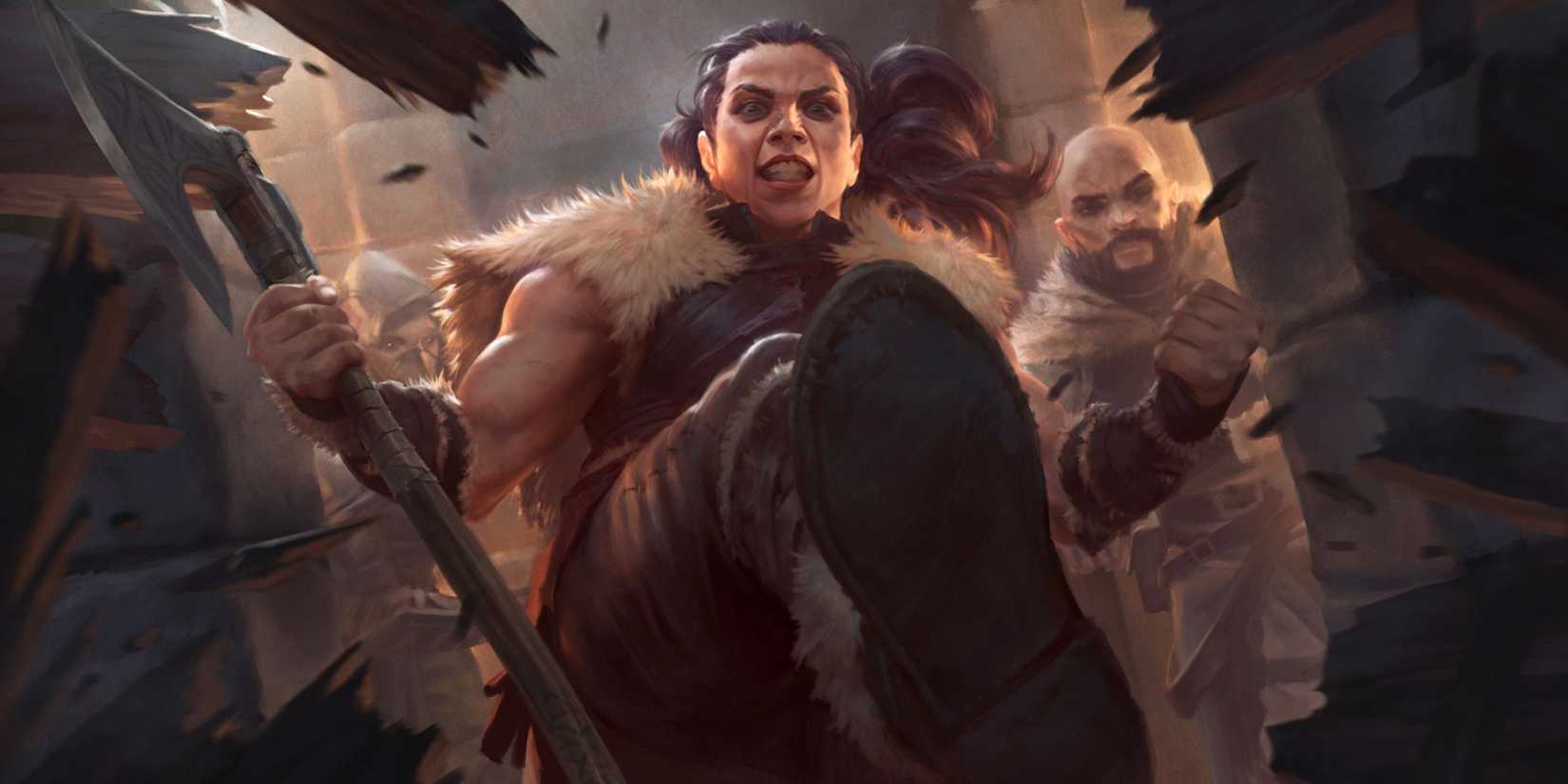 A human fighter or barbarian breaks open a door in Dungeons & Dragons.