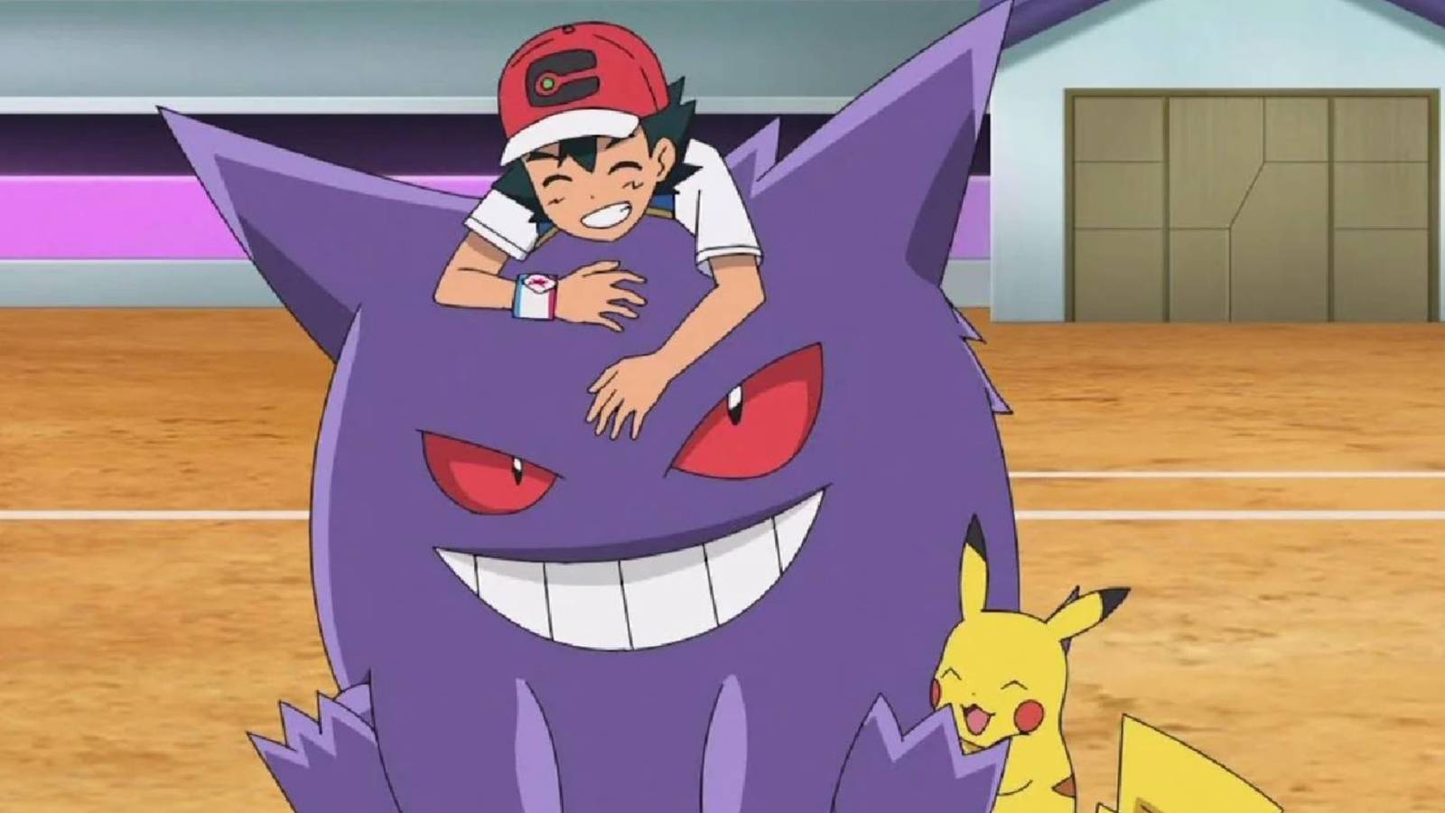 ash hugging gengar in the pokemon anime