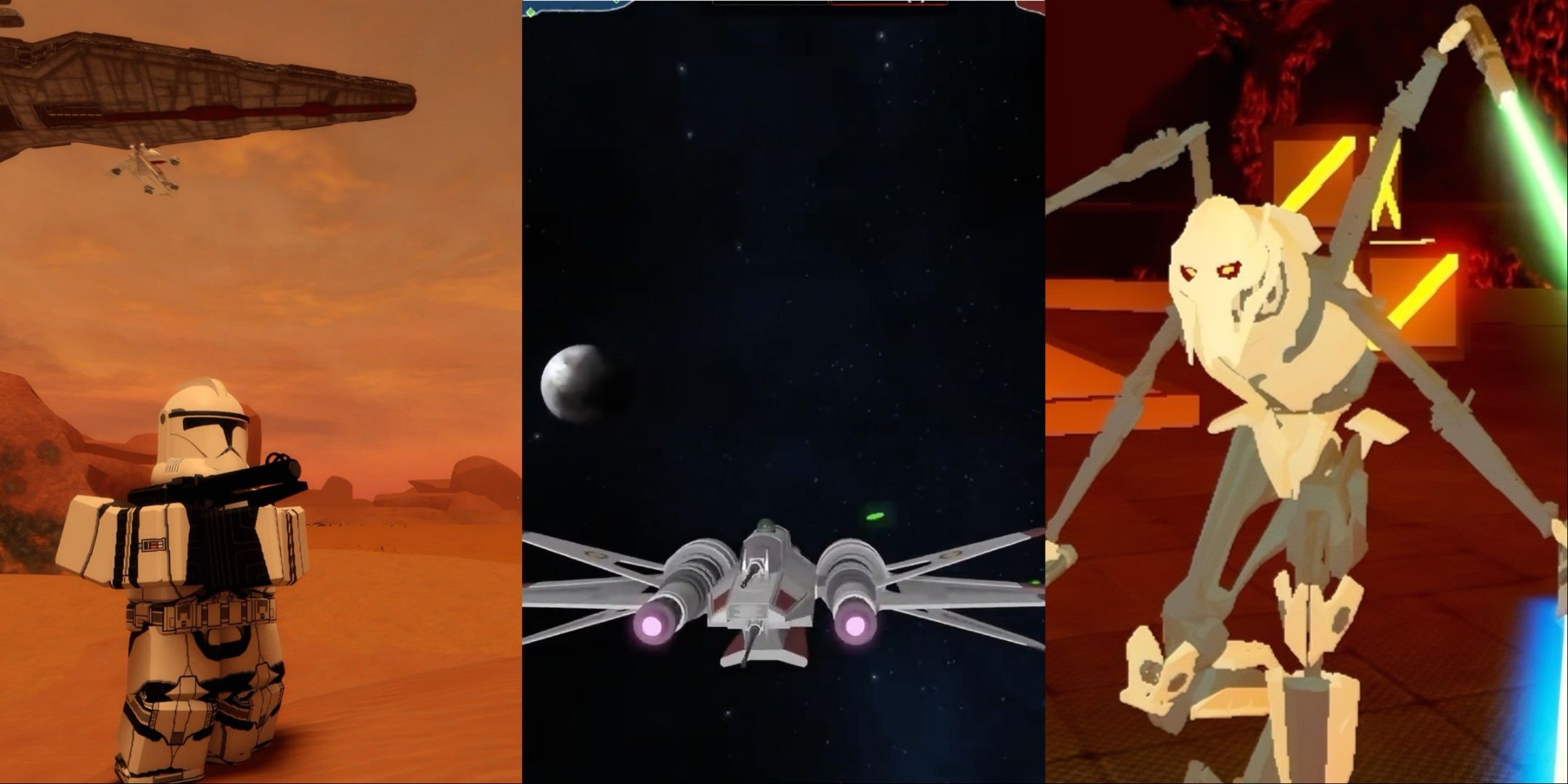Geonosis clone left, Space battle X-Wing middle, General Grievous right 