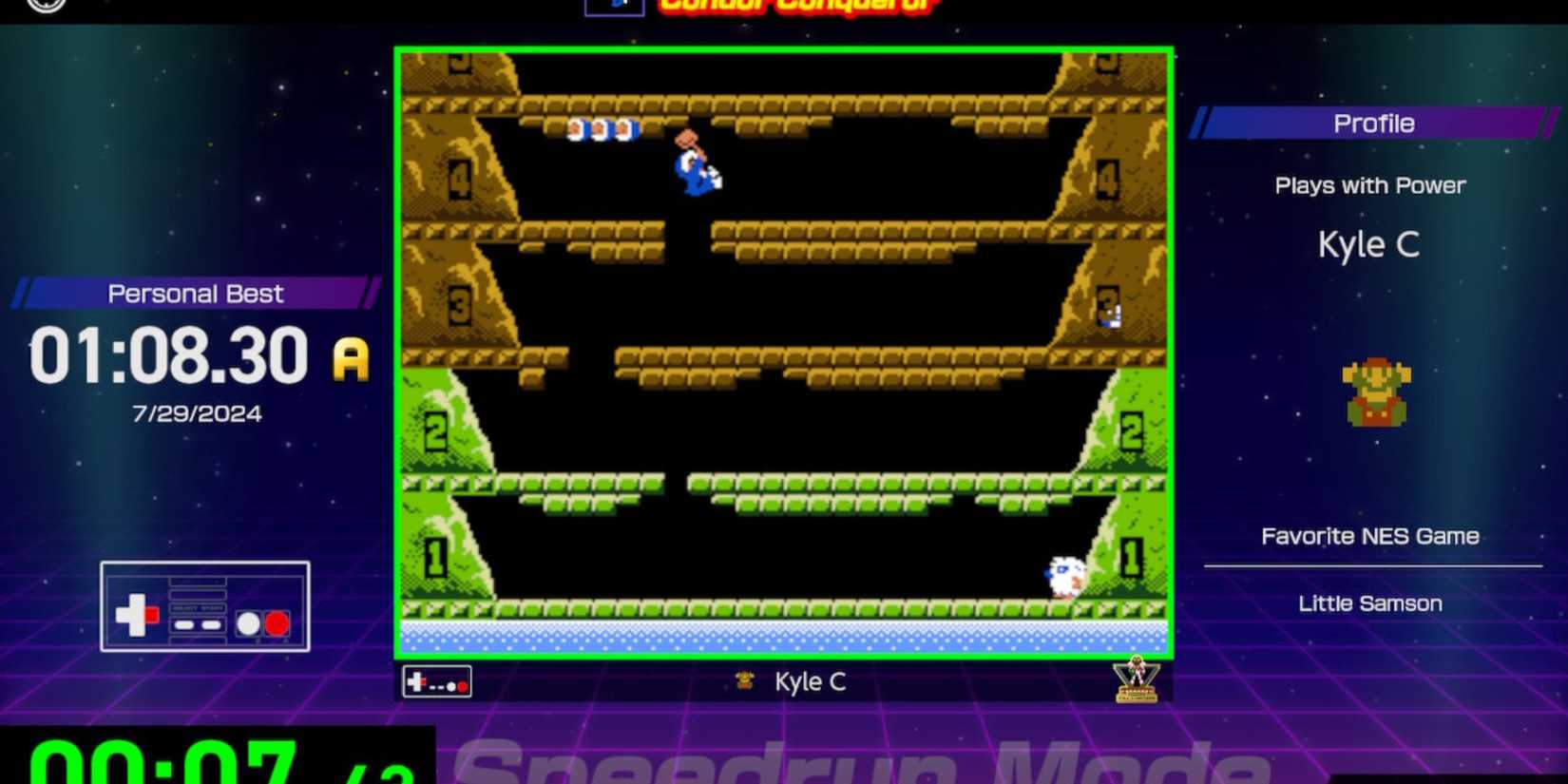Ice Climber jumps between platforms in the Nintendo World Championships NES Edition Ice Climber.