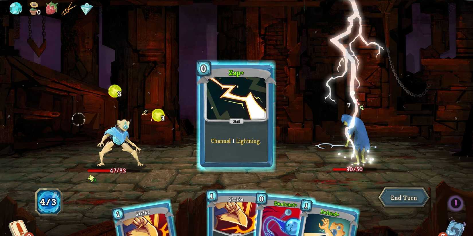 Slay the Spire character plays a Zap+ card attack against an enemy.