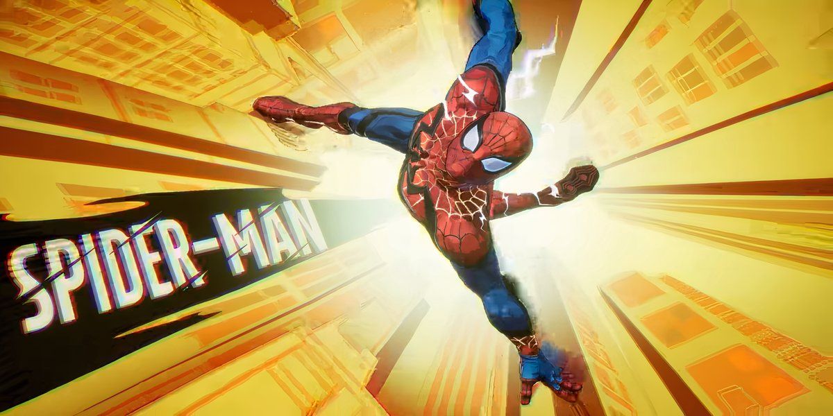 مرد عنکبوتی در Marvel Rivals نشان داده شده است که در حال پریدن به سمت پایین در پس زمینه ساختمان زرد رنگ است.