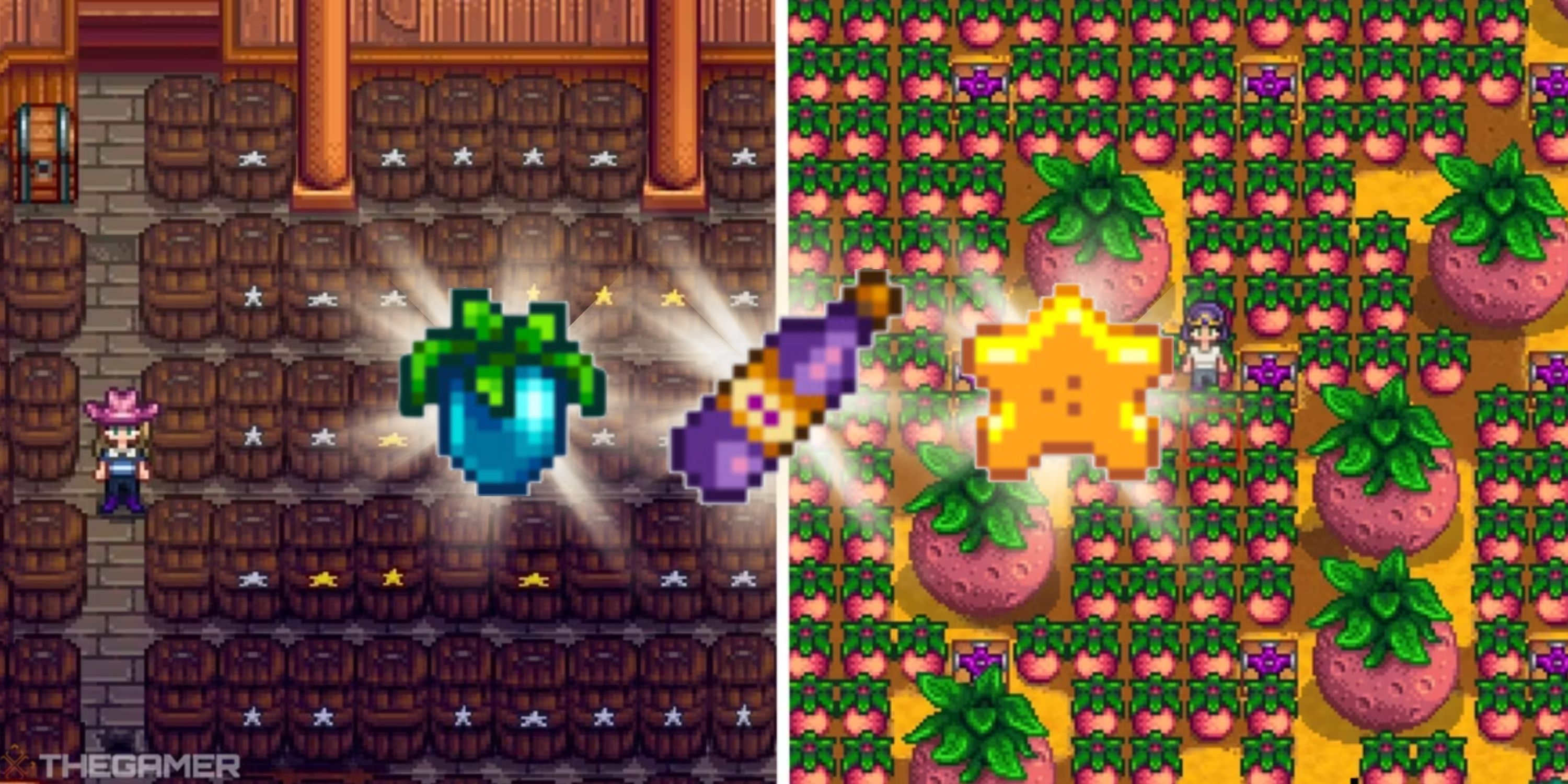 image of player in cask cellar next to image of melon crop fields with image of Ancient Fruit, Wine, and Star fruit overlaying