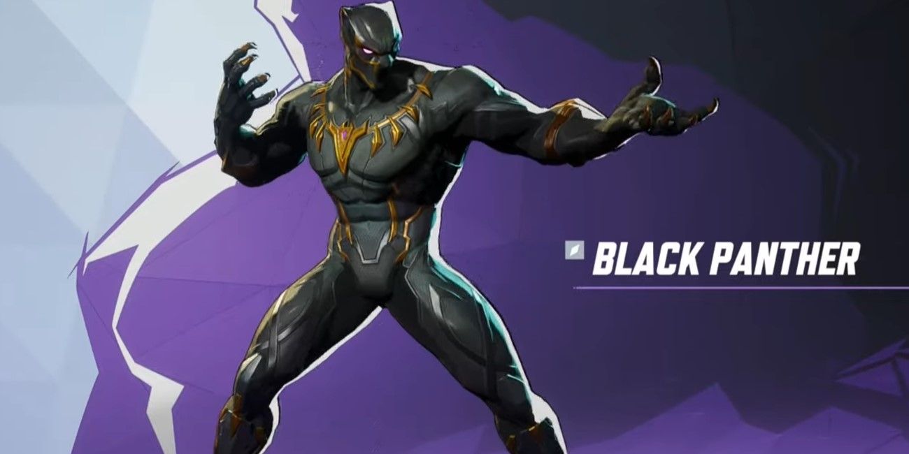 صفحه معرفی Black Panther در Marvel Rivals با این شخصیت در پس زمینه ای چرخان بنفش.