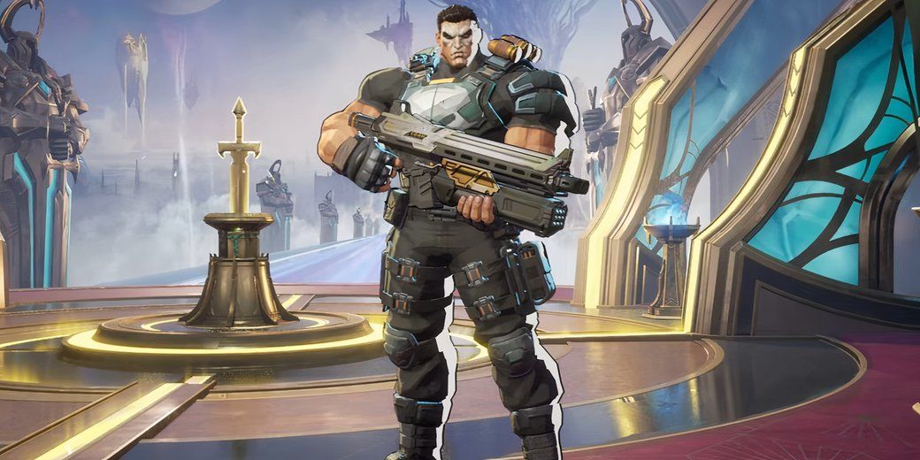The Punisher در Marvel Rivals در برابر پس‌زمینه شهری آینده‌نگر.
