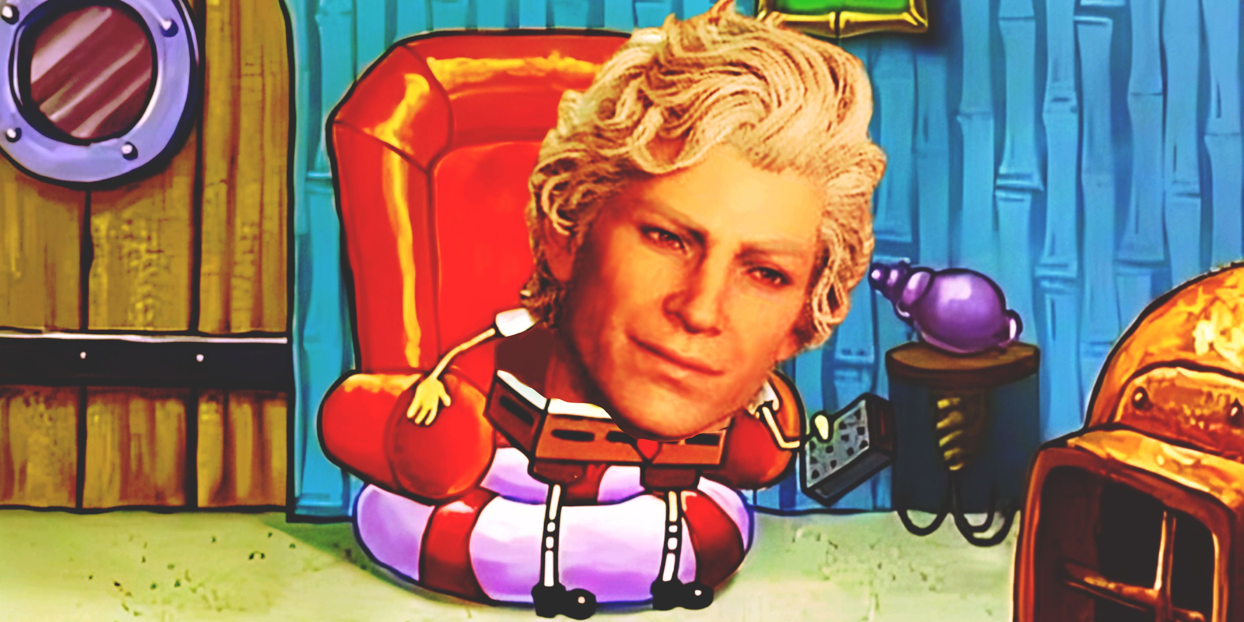 SpongeBob Ight Imma Head Out meme with Astarion's head on SpongeBob's body
