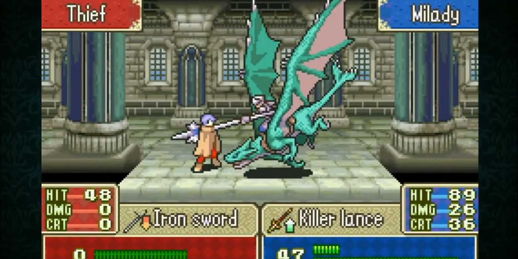 A dragon knight attacking a thief in Fire Emblem The Binding Blade.