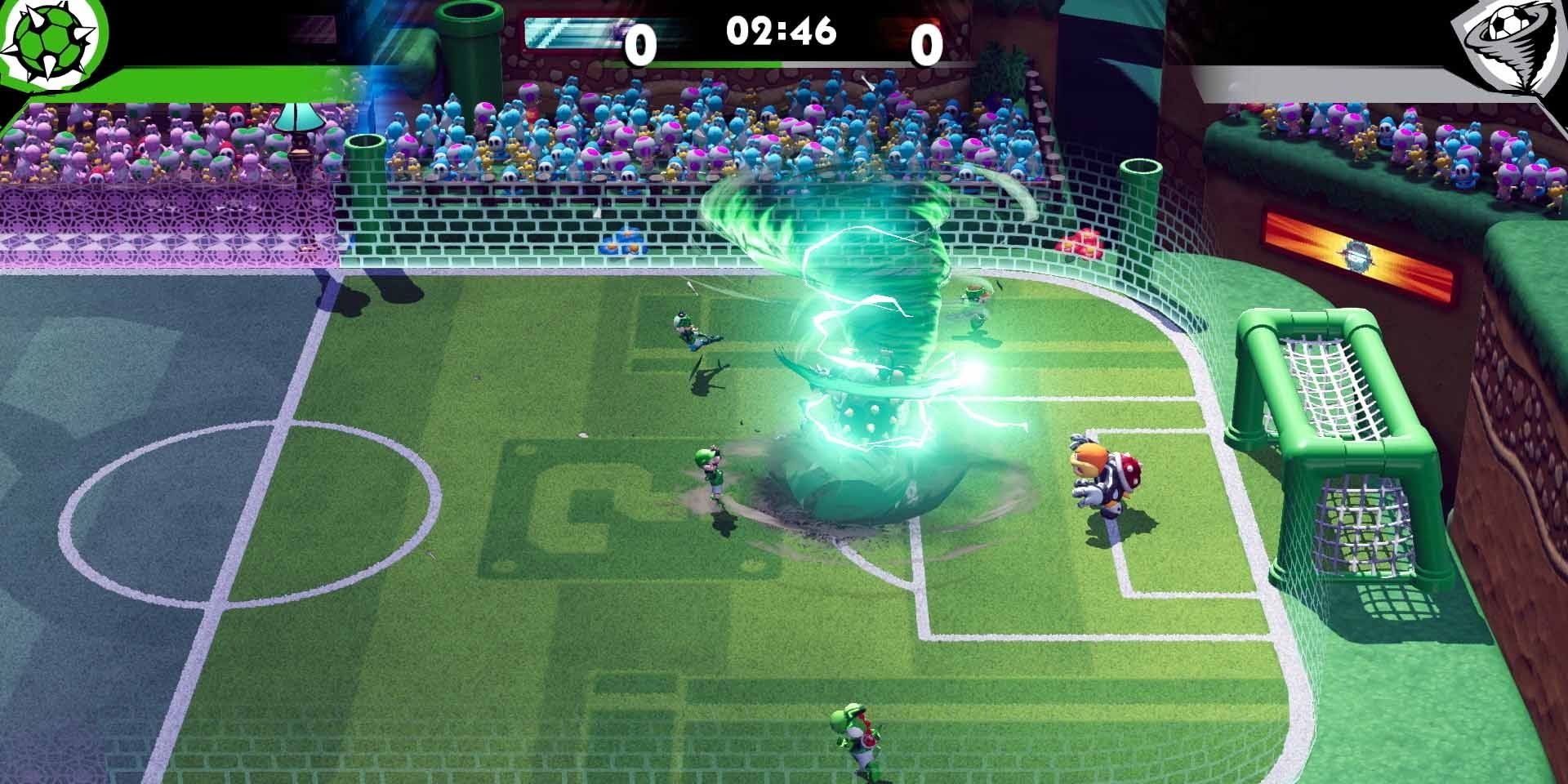 Luigi kicks the ball so hard that a green whirlwind heads toward the goal in Super Mario Strikers