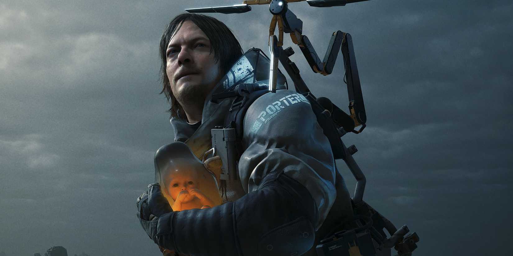 In Death Stranding, Sam Bridges holds a baby on a dark, cloudy night.